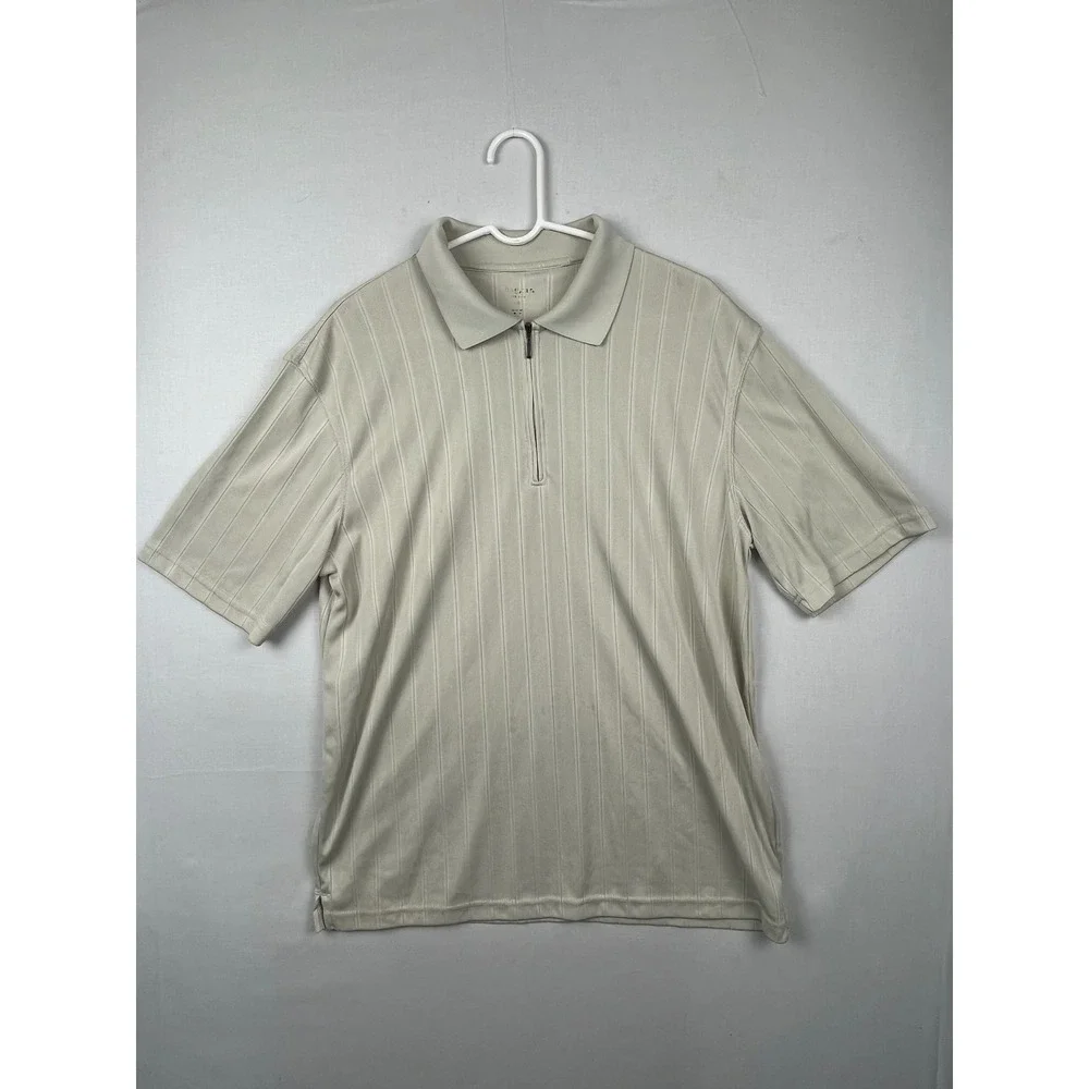 Haggar Polo Shirt Mens Large L 1/4 Zip Short Sleeve Ribbed Vertical Tan Stone